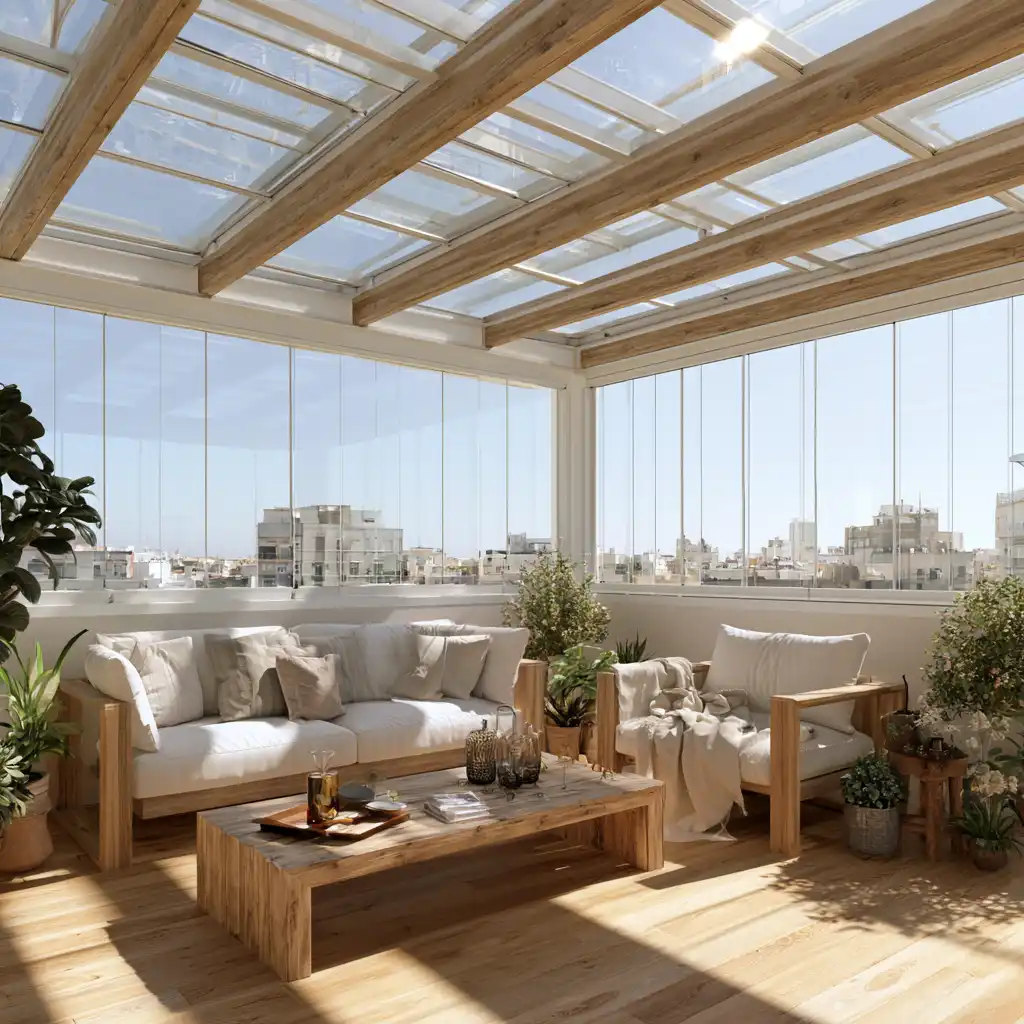 Terraza de ático cerrada con cortinas de cristal y techo acristalado en Lugo